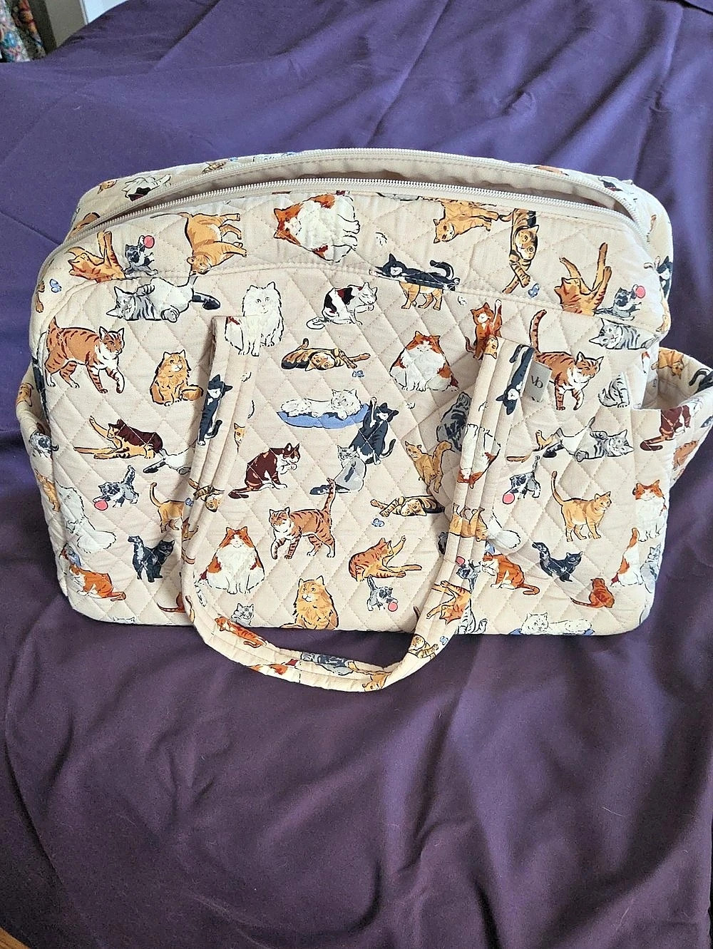Vera Bradley Large Travel Duffel Cat Print Quilted Tote Bag in Cream & Orange